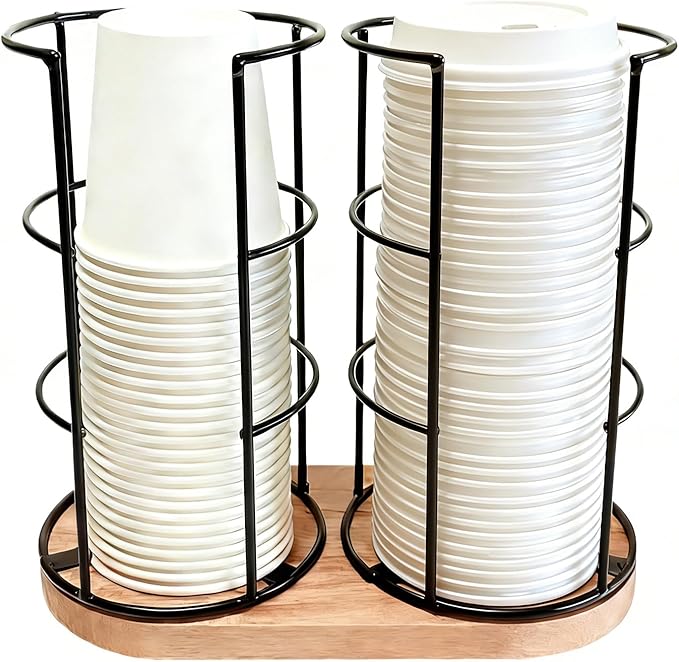 Metal 2-Compartment Coffee Cup Dispenser with Wood Base, Disposable Cup, and Lid Organizer for Countertop, Suitable for Gyms, Offices, Kitchens, Cafes（Black）