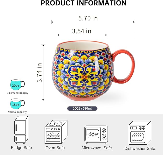 HENXFEN LEAD Boho Ceramic Coffee Mugs Set of 6 – 20 oz Large Porcelain Cups for Latte, Cappuccino, Tea, Cocoa & Soup – Microwave & Dishwasher Safe