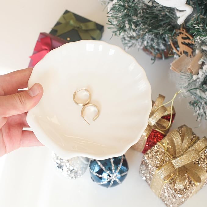 Shell Ring Dish Tray, Ceramic Jewelry Tray Trinket Dish, Seashell Key Holder Bowl, Beach Room Coastal Decor Aesthetic, Ocean Bathroom Counter Decor, White, Small