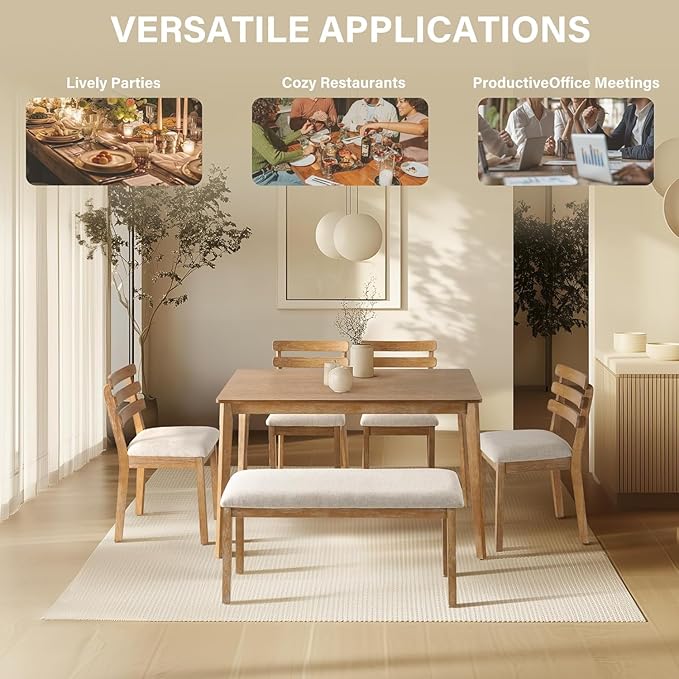 6 Piece Dining Table Set with Bench, Wooden Rectangular Kitchen Table and 4 Upholstered Chairs, Farmhouse Dining Room Furniture for Family Meals, Light Oak Finish