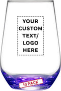 DISCOUNT PROMOS 10 Vaso Silicia Stemless Wine Glasses Set, 16 oz. - Personalized Text, Logo - Clear, Orb-Like, Thick base - Purple