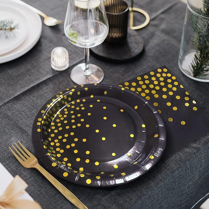 Green Paper Plates and Napkins Party Supplies,Serve 35 Guests 7 Inch Dark Green and Gold Party Plates and Napkins for Wedding Graduation