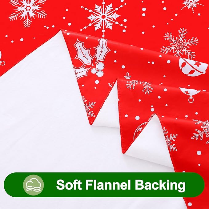 Smiry Christmas Rectangle Table Cloth, Waterproof Vinyl Tablecloth with Flannel Backing, Wipeable Bell & Snowflake Plastic Tablecloths for Christmas Table Decorations, (52"x70", White & Red)