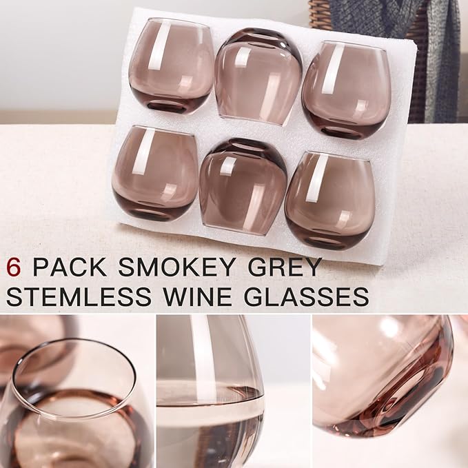 Colored Stemless Wine Glasses Set of 6-15 oz -Modern Hand-Blown Wine Glasses, European Design Crystal Glass For Red & White Wine, Unique Gifts for Wedding, Birthday(Smokey Grey)