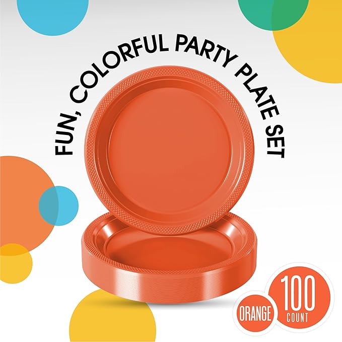 Orange Plastic Plates For Party 10" Orange Disposable Plates Heavy Duty 100 Pcs Plastic Dinnerware Sets Heavy Duty 350 GSM Disposable Dinnerware Set