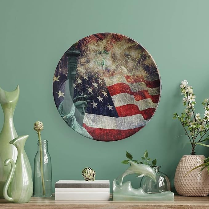 Decorative Plates, American Flag Print Ornament, Fireworks 4th of July, 7 Inch, 1 Plate with 1 Display Stand, Multicolor