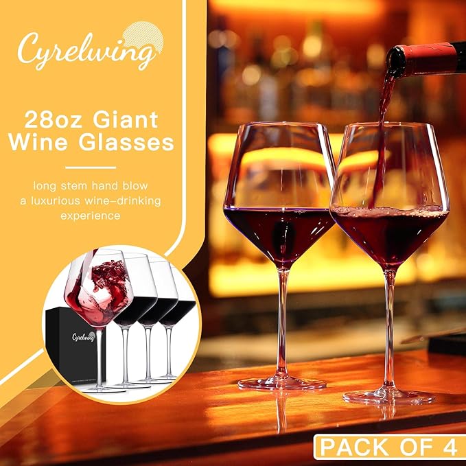 Large Red Wine glasses set of 4-28oz Extra Wine Glasses set of 4 with stem-Hand Blown Crystal Big Red Wine Glasses-Light,Thin,Large Cabernet Sauvignon Glasses