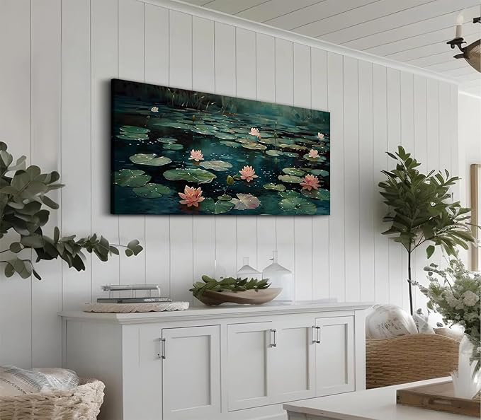 ADJUVANT Wall Art Impressionist Water Lily Pond 40" L x 20" W, Pink Lotus Flowers on Dark Blue Water Canvas Painting Nature Artwork Prints Wall Decor for Living Room Bedroom Bathroom Home Office