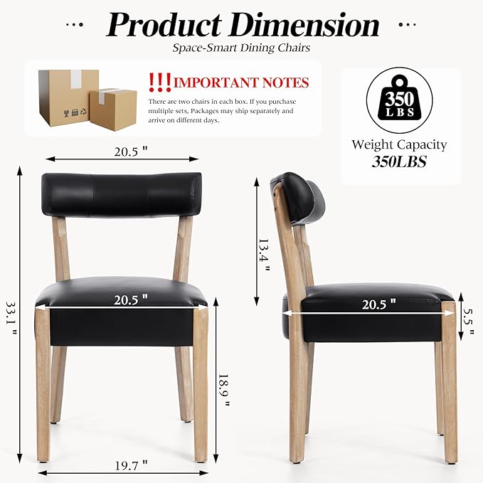 Modern Dining Chairs Set of 6 – Mid-Century Modern Faux Leather Upholstered Kitchen & Dining Room Chairs with Curved Back, Oversized Rounded Seat, Sturdy Wood Frame, Black