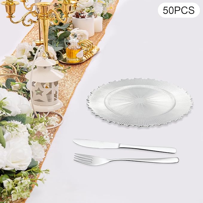 50 Pcs Antique Charger Plates Bulk, 13in Reusable Serving Plates Embossed Rim Plastic Party Dinner Plate Chargers Round Decorative Server Plate for Wedding Party Event Tableware
