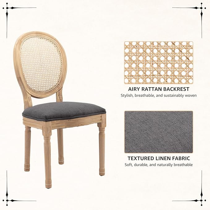 Vintage French Rattan Dining Chairs Set of 8, Solid Wood Frame with Round Rattan Back and Linen Upholstered Seat, Farmhouse Accent Sillas de Comedor Side Chairs for Dining Room & Kitchen, Gray