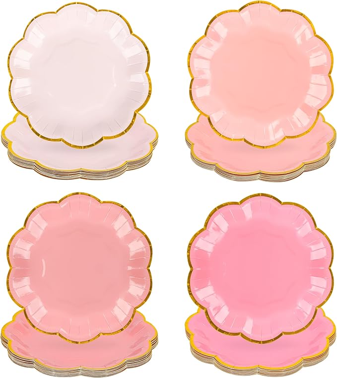 Pink Party Plates Valentines Day Gradient Pink Dessert Paper Plates 7inch Gold Foil Scalloped Edge Disposable Cake Plates for Christmas Birthday Bridal Baby Shower Party Supplies (24)