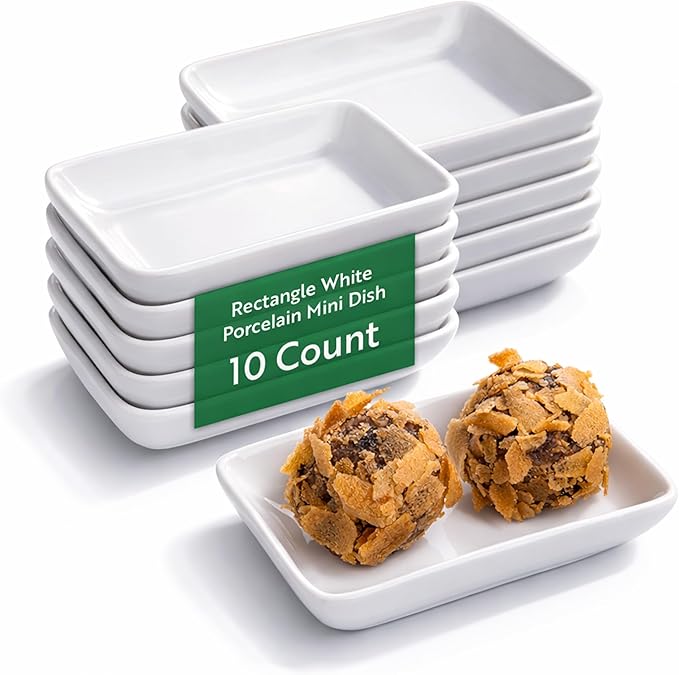 Restaurantware 3.1 x 2.2 Inch Serving Plates 10 Mini Rectangle Plates - Oven-Safe Microwave-Safe White Porcelain Hor d’oeuvres Serving Plates Freezer-Safe For Appetizers Desserts And Samples