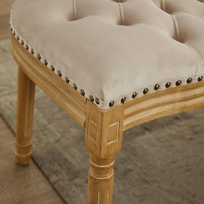 Ball & Cast French Vintage Upholstered Dining Chairs Set of 2, Button Tufted Kitchen Side-Chairs with Carved Antique Wood Frame & Nailhead Trims, 2-Piece Curved Backrest Louis Chair, Velvet Beige