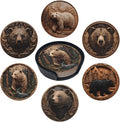 Bear Coasters for Drinks with Holder Round Leather Coasters Set of 6 Cups Mugs Mat Pad for Home Kitchen Bar