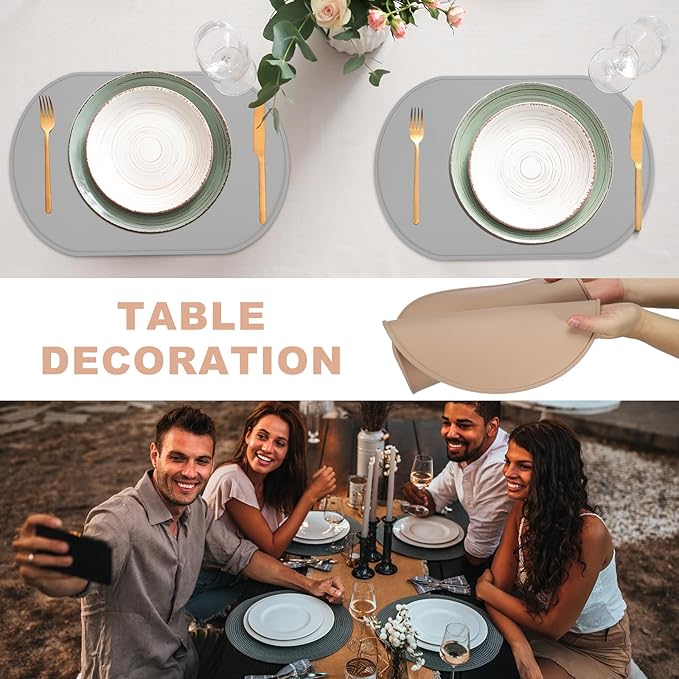 uxcell 2 Pcs Oval Silicone Placemat, 15.4" x 10.4" Non-Slip Washable Table Placemats Heat Resistant Waterproof Mat with High Edge for Table Kitchen Desk Protection, Red