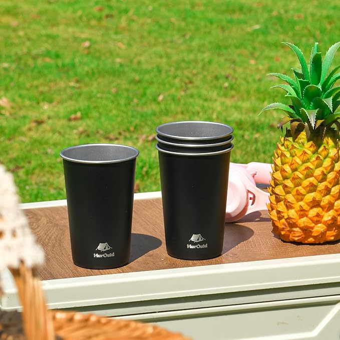 4 Pack Stainless Steel Cups 16oz -Black Stackable Metal Drinking Glasses for Camping, Travel, Shatterproof Tumblers