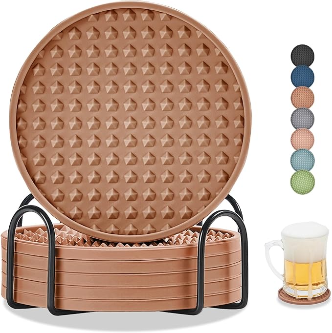 Coasters for Drinks, Silicone Coasters Set of 6 with Metal Holder, Outdoor Coaster for Coffee Table, Non-Slip Rubber Table Cup Mat Desk, Heat Resistant & Scratch-Proof (Tawny)