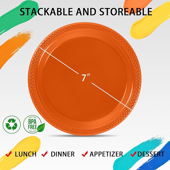 WELLIFE Orange Party Plates 7 Inch -150 Count, Disposable Plastic Dessert Plates for Party Easter Cake Appetizers Salad Picnic BBQ Wedding Engagement Birthday
