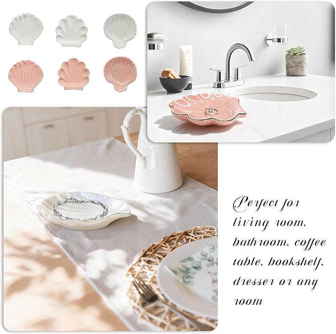 Shell Jewelry Tray Ring Dish, 4.33 Inch Key Bowl Ceramic Tray, Ttrinket Dish Jewelry Dish, Home Decoration, Gifts for Girlfriend Daughter Mother,Mother's Day Gift (6PCS-Shell)