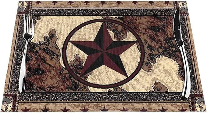 Western Texas Star Placemats Set of 6 Rustic Vintage Country Brown Wood Wipeable Table Mats Reusable Washable PVC Rectangle Place Mats for Kitchen Dining Home Decor 12x18 Inches