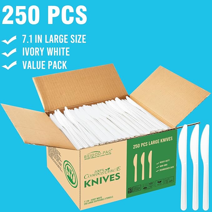 250 Count Compostable Disposable Non Plastic Knives, Large Heavy Duty Biodegradable Utensils, Eco Friendly Durable Sturdy Recyclable Knives Flatware Silverware for Party Wedding Daily Use