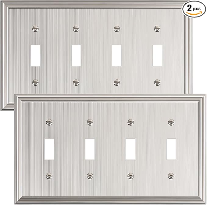2-Pack Quad Toggle Light Switch Cover Plate, Durable Zinc Alloy Decorative Switch Plate Covers, Brushed Nickel 4 Gang Wall Plate for Toggle Light Switch and Rotary Dimmer Switch
