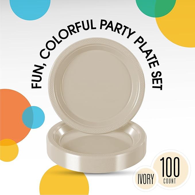 Ivory Plastic Plates - 7 Inch, 100 Pack, 350 GSM