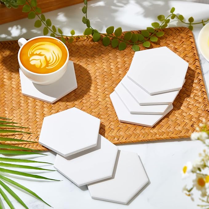 Zopeal 96 Pcs Ceramic Tiles for Crafts Coasters Include Unglazed White Ceramic Tiles with Cork Backing Pads Use with Alcohol Ink Acrylic Pouring for DIY Project Gift (Hexagon)
