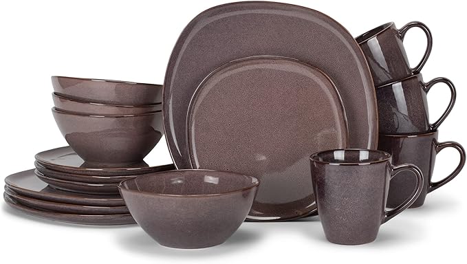 Elanze Designs 16-Piece Modern Luxury Chic Smooth Vintage Handmade Shape High Gloss Ceramic Stoneware Square Plate Mug & Bowl Kitchen Dinnerware 16 Piece Set - Service for 4, Plum Purple