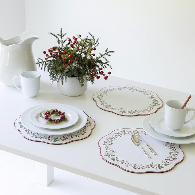 Benson Mills Cork Placemats Set of 4, Thick Cork Place Mats for Kitchen and Dining Tables, Easy Clean Table Mats for Christmas, Winter and Holidays (13.75" Round Set of 4, Holly Wreath)
