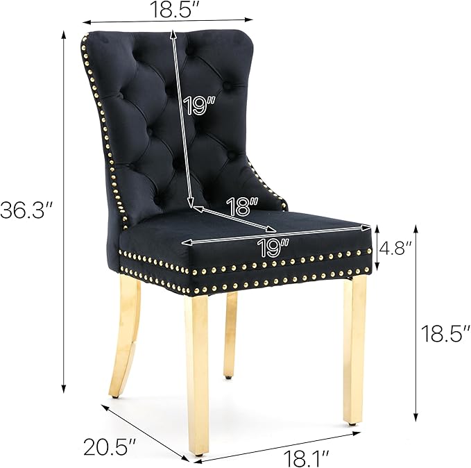 KCC Velvet Dining Chairs Set of 6, Upholstered High-end Tufted Dining Chair with Nailhead Back Ring Pull Trim Stainless Steel Legs, Contemporary Nikki Collection Modern Style for Kitchen, Black