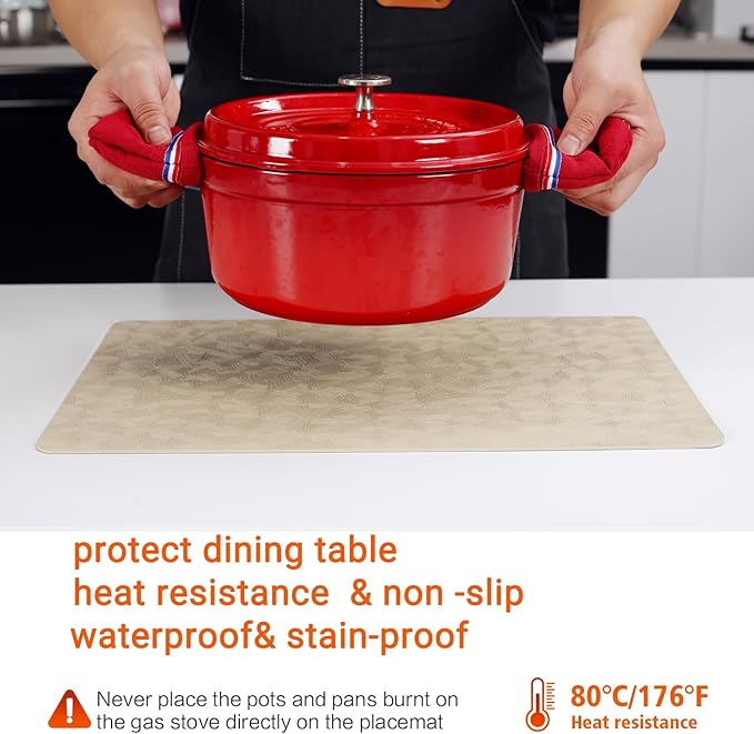 Vinyl Placemats Set of 6 Heat Resistant Easy Clean Non-Slip Place Mats for Dining Table Faux Leather Waterproof Stain Resistant Wipeable Washable PVC Table Mats(6, Beige)