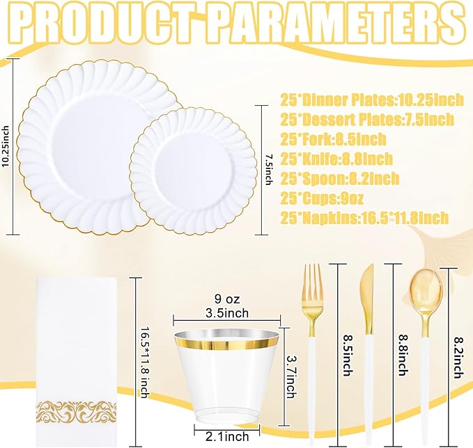 Ciaell 175 PCS White Scalloped Plastic Plates with Gold Trim - Gold Plastic Silverware with Handle - Fancy High-End Dinnerware Sets for Wedding & Party(25 Guests)