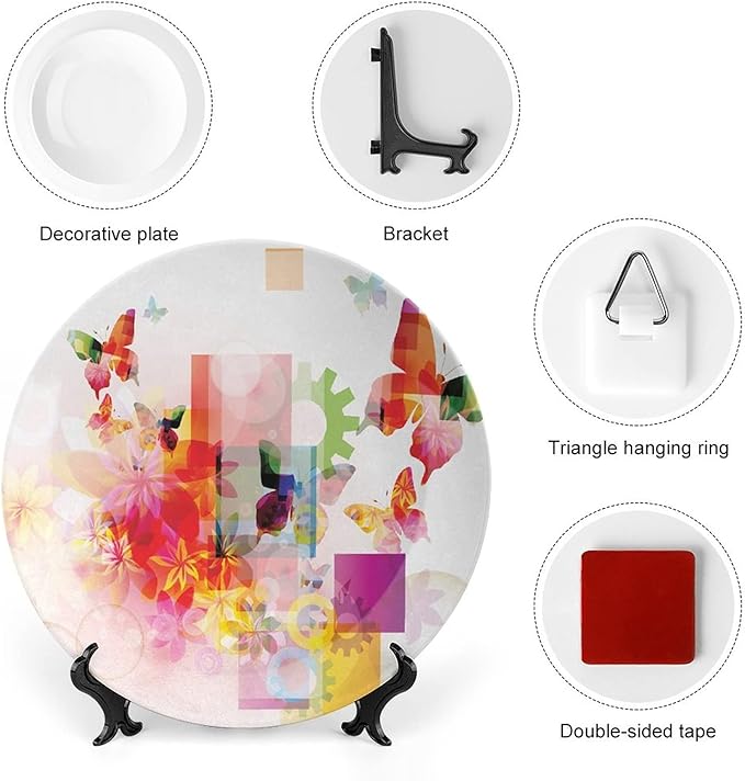 Ceramic Display Plate, Abstract Ceramic Hanging Decorative Plate, Natural Design Flowers Leaves Squares Rounds, 8 Inch, Household Custom Ceramic Plate, Multicolor