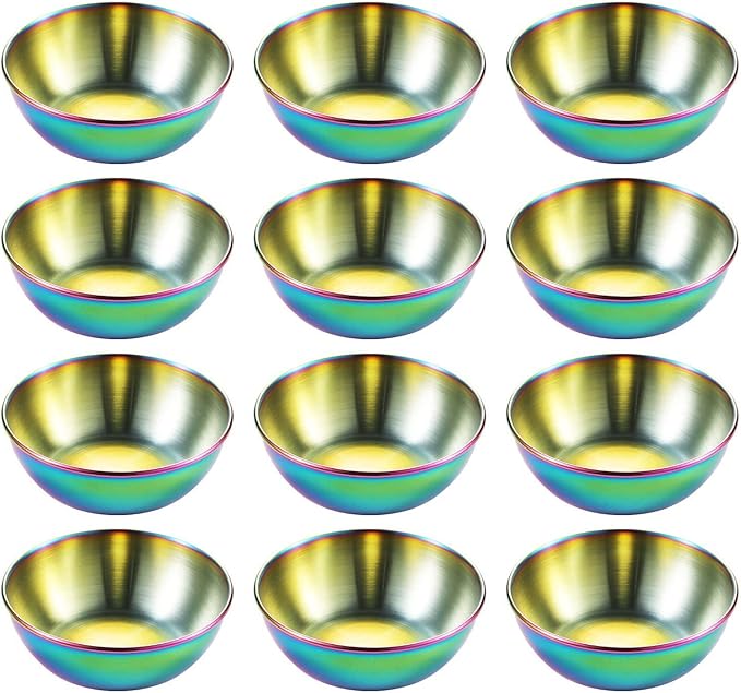 Sauce Dishes 12PCS 3.46inch Stainless Steel Sauce Bowl Mini Individual Round Seasoning Dishes Sushi Dipping Bowl Appetizer Plates (Rainbow)