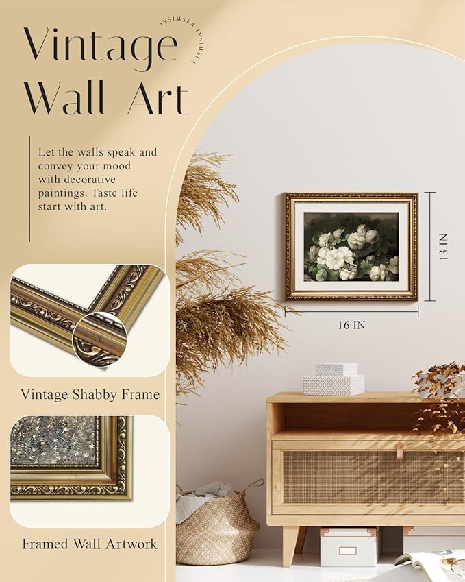 InSimSea Gold Picture Framed Wall Art, Bedroom Bathroom Vintage Flowers White Roses Canvas Print Wall Decor, Home Farmhouse Decor, Antique Paintings with Frames 13x16inch