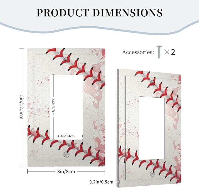 Outlet Covers Baseball Sports Ball Game 1 Gang Wall Plate Single Rocker Light Switch Cover Decorative GFCI Receptacle Electrical Switchplate for Bathroom Bedroom Decor（2 Pack）