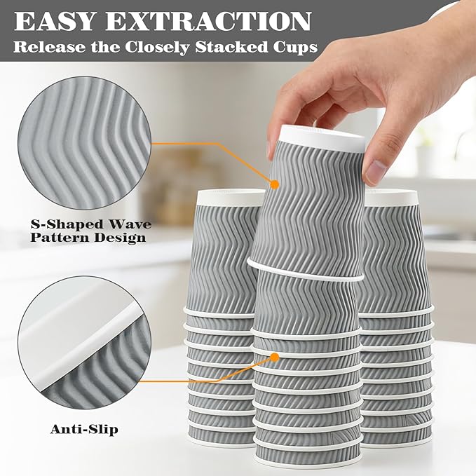 Ginkgo 100 Pack To Go Paper Coffee Cups With Lids, 8 oz Disposable Double-Walled Ripple Insulated Hot Cups for Hot Drinks, Lattes, Travel Cups, Small, Gray