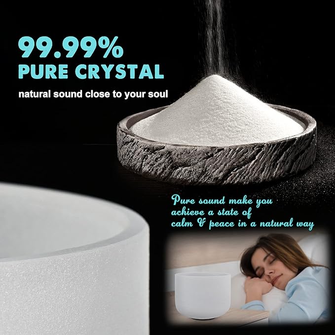 440HZ 8 Inch A Note Third Eye Chakra Frosted Quartz Crystal Singing Bowl Meditation Therapy Sound Healing Instrument Sound Bath Bowl with Carrying Bag Mallet and O-ring