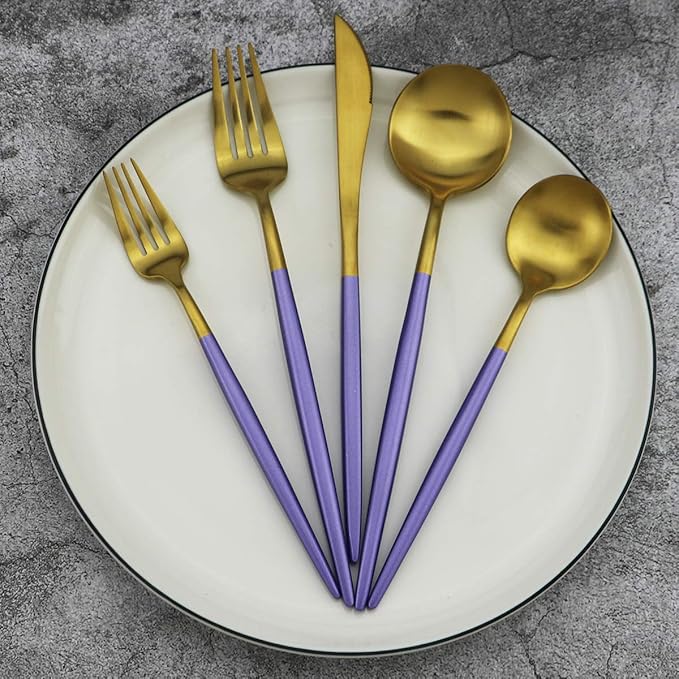 Gugrida 20-Piece 18/10 Stainless Steel Flatware Silverware, Luxury Dinnerware Set Travel Cutlery Tableware Include Knife Fork Spoon Service for 4, Dishwasher Safe (Purple Handle Matte Gold)
