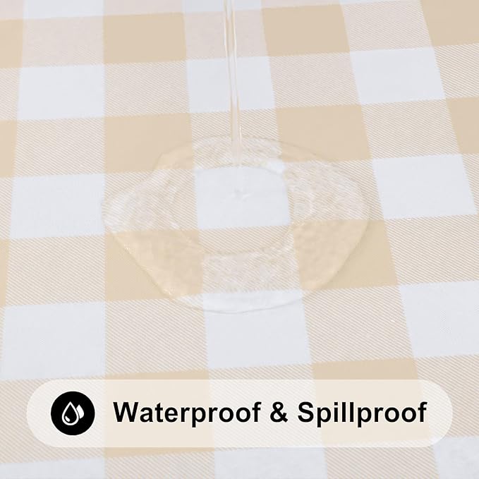 Smiry Rectangle Picnic Table Cloth, Elastic Waterproof Fitted Vinyl Tablecloths, Flannel Backed Buffalo Plaid Table Covers for Dining, Camping, Outdoor (White and Beige, 30" x 96")