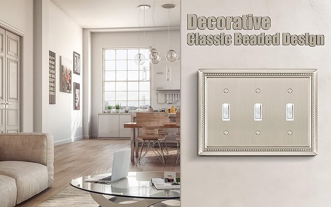 Henne Bery Sunken Pearls Heavy Duty Decorative Wall Plate Switch Plate Outlet Cover (Triple Toggle, Satin Nickel)