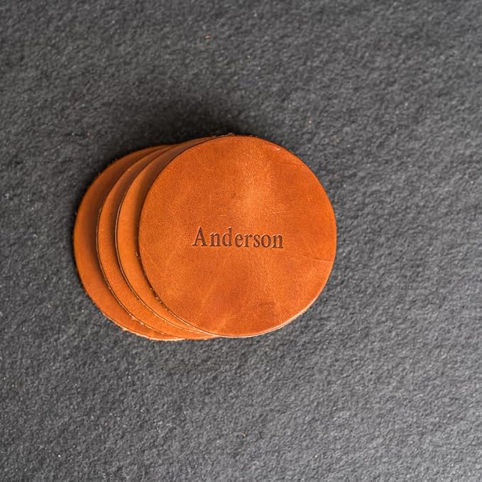 Ox & Pine Personalized Leather Coaster - Sold Individually or in Sets of 4 - Customize Inscription - 100% Full-Grain Leather – 4" Round or 4" Square (Round, Stone Natural, Set of 4 Coasters)
