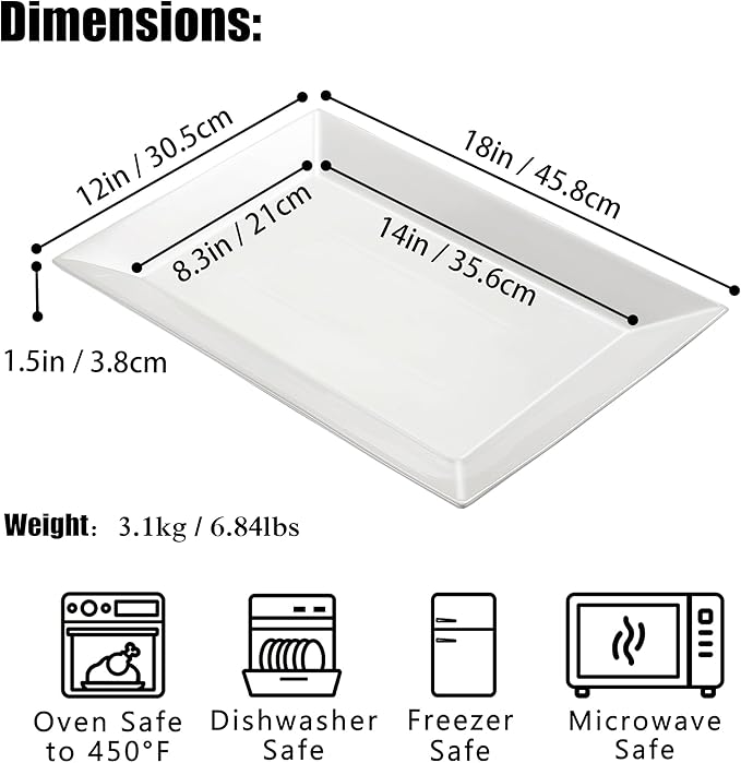 18" x 12" Large Serving Platter, Porcelain Heavy-Duty Large Serving Tray, White Rectangular Plate for Turkey, Food, Fruit, Party, Wedding, Christmas, Chip and Scratch Resistant