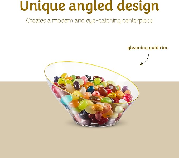 PLASTICPRO Angled Plastic Bowls Disposable Small Plastic Clear Serving Bowls with Gold Rim for Party for Appetizer Salads Pack of 8