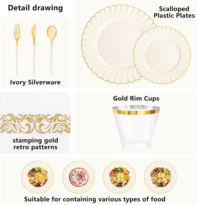 Ciaell 175 PCS Ivory Scalloped Plastic Plates - Gold Disposable Plates Fancy High-end Dinnerware Sets for Wedding & Party (25 Guests)