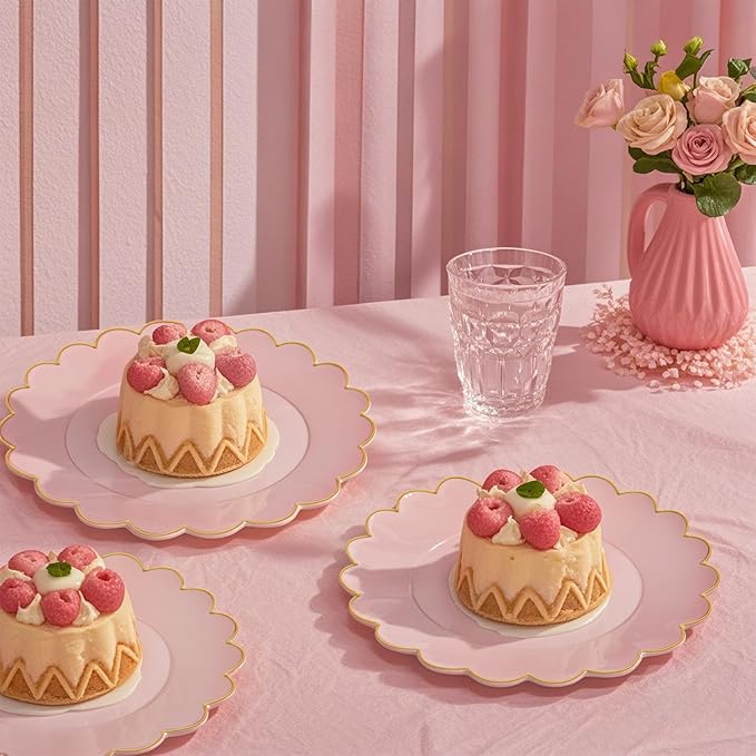 LIYH 100 Pcs 7.5" Pink Plastic Plates with Gold Disposable Pink Dessert Plates Gold Plastic Plate,Baby Shower Plate Set Suitable for Weddings Bridal Showers Afternoon Tea Valentine's Day Mother's Day