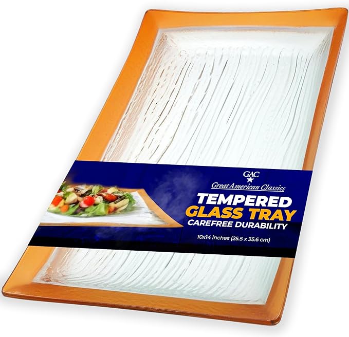GAC Glass Serving Platter w/Gold Rain Flower Design - Rectangular Dinner Plates, Platters for Serving Food - Decorative Tray for Party - Microwave & Dishwasher Safe Serveware - 10x14 Inch
