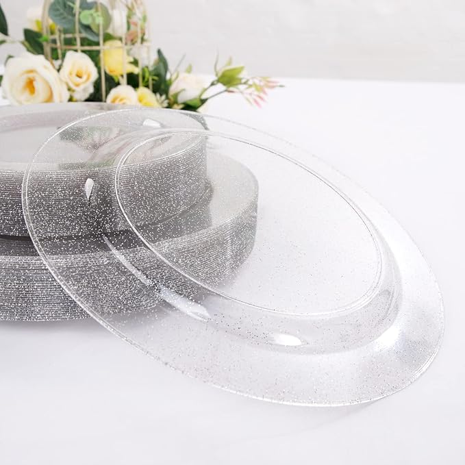 WDF 120PCS Silver Plastic Plates- Disposable Silver Glitter Plates, Premium Heavy Duty 60-10.25" Dinner Plates and 60-7.5" Salad Plates for Parties Wedding Valentine's Day